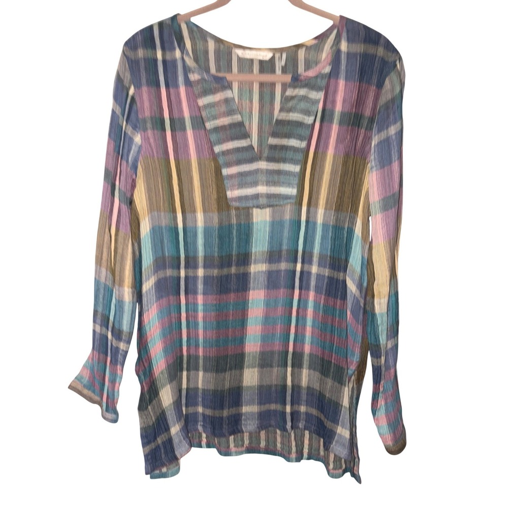 Soft Surroundings Gauzy 100% Cotton Plaid Tunic Top Made In india sz LG‎